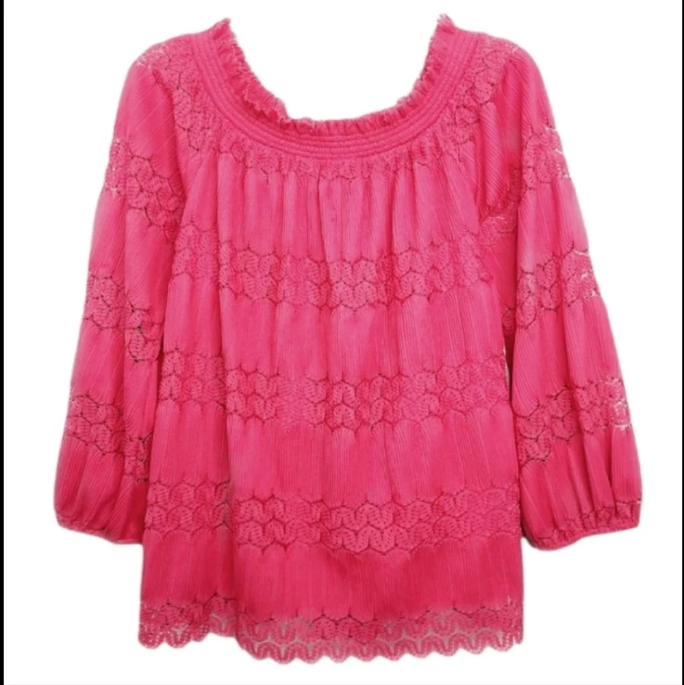 Cupio Pink Lacey Boho Style Stretch Peasant Blouse Women's Size Large L